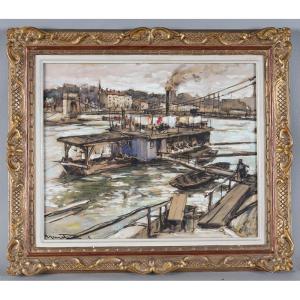 Gouache, Early 20th Century, 58 Cm, The Wash-house Boat, Signed