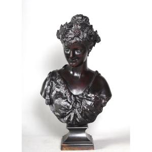 19th-century Bronze, 50 Cm, Signed Jean Bulio 1827/1911, Bacchante, Allegory Of Spring