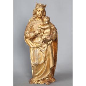 Crowned Virgin, 18th Century, 56 Cm, Gilded Wood Sculpture With Gold Leaf