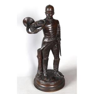 19th Century Bronze, 60cm, Hunting Scene, Signed: J. Verstappen, Belgian School, Hunting Horn