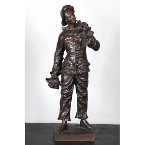 19th-century Bronze, 46 Cm, Signed: Charles Anfrie 1833/1905, Pierrot Troubadour