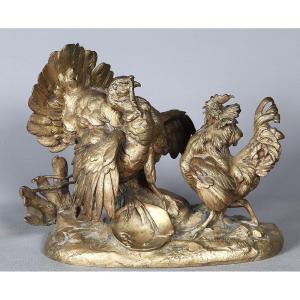 19th Century Bronze, With A Gilt Patina, The Turkey And The Rooster