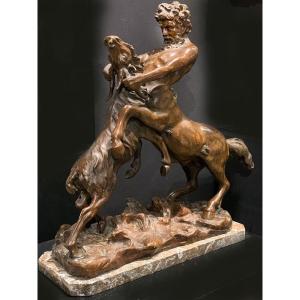 Large 19th-century Bronze, 65 Cm, By James Hunt, 1880 / ?, Centaur Wrestling With A Goat