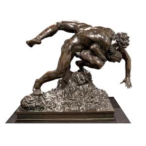 Large 19th-century Bronze Sculpture, 80cm, By Jef Lambeaux, Musée G. Courbet, The Wrestlers 