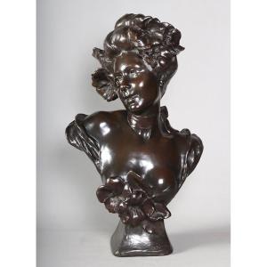 Art Nouveau Bronze, 63 Cm, Signed Charles Théodore Perron 1862/1934, Bust Of A Woman