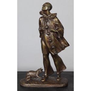 Early 20th-century Bronze, 30 Cm, Robert Bousquet (1894-1917), Pierrot And His Cat