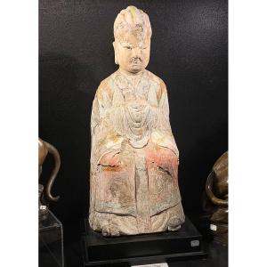 Chinese Buddha, 57 Cm, Qing Dynasty Period, Polychrome Wood
