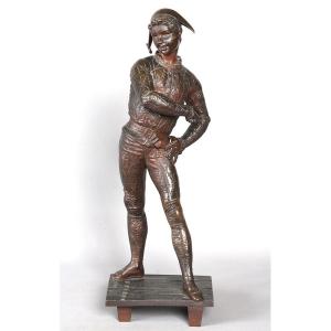 19th-century Bronze, 54 Cm, Signed Emile Laporte 1858/1907, Harlequin