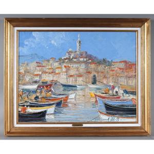 Marseille, Signed Michel Solé, 63x78 Cm, Port Of Marseille, Notre-dame De La Garde, The Old Port