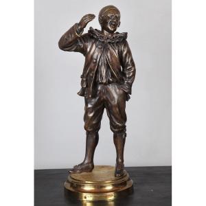 Emile Engler, Bronze, Late 19th Century, 37 Cm, Pierrot With A Fly