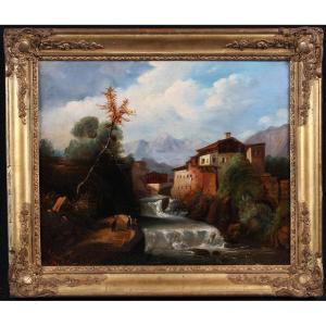 Painting XIX Th, Signed : Louis Chignan, From 1847, Animated Landscape, Mountain, River