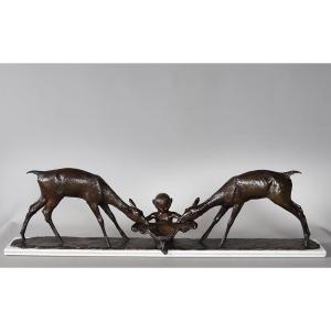 Bronze 1925, 94 Cm, Ary Bitter, Founder: Susse, Biches S'abreuvant