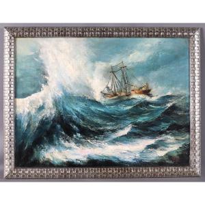 Marine Dans La Tempête, 81 Cm, Signed, Circa 1940/60