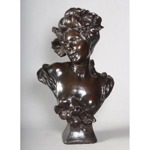 Art Nouveau Bronze, 63 Cm, Signed Charles Théodore Perron 1862–1934, Bust Of A Woman