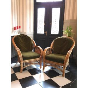 Pair Of Woven Wicker And Bamboo Armchairs, 1970s