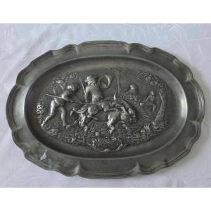 Oval Pewter Dish (hound Hunting) 