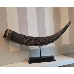 Large Carved Buffalo Horn On A Base