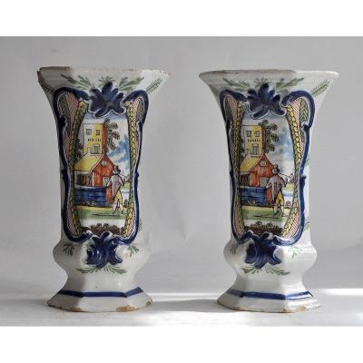  Delft Earthenware - XVIIIth - Pair Of Cornet Vases -