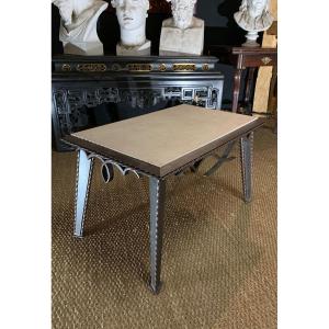 Small Wrought Iron Coffee Table With Travertine Top, French Work Circa 1930