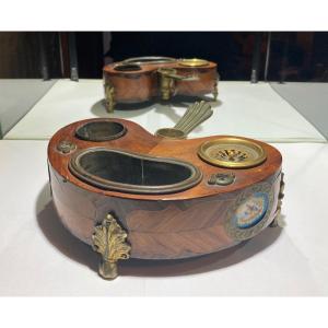 Beautiful Louis XV Style Inkwell In Veneer, Porcelain And Bronze, France XIXth