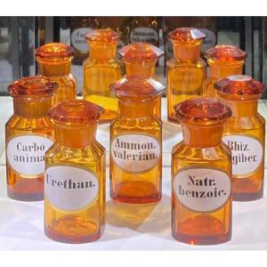 Suite Of Five Amber Crystal Pharmacy Bottles, France Late 19th Century 