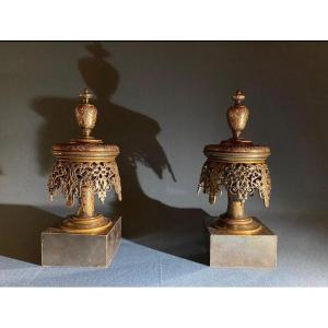 Pair Of Silver Bronze Andirons Of Oriental Inspiration, France Late 19th Century