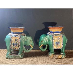 “four De Bien-hoa” Pair Of Ceramic Elephants Forming Bolster, Vietnam Circa 1920