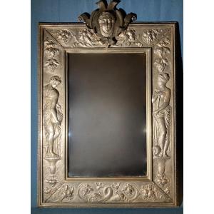 Mirror With Nymphs After Jean Goujon, Embossed & Chiseled Iron, France Circa 1880.