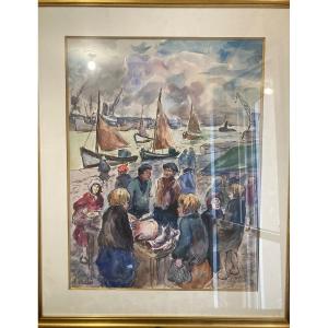 Fred Pailhês 1902-1991, Gouache Representing The Market At The Port Of Le Havre