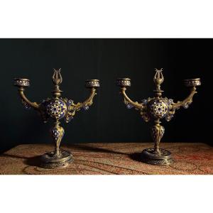 Pair Of Neo-byzantine Style Candlesticks In Plated, Enameled And Cloisonné Silver