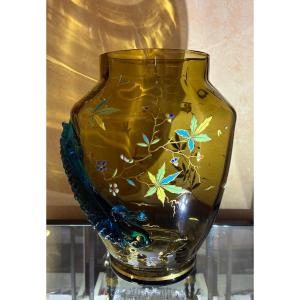 Auguste Jean 1829-1896, Smoked Glass Vase With Salamander Decoration. Circa 1880