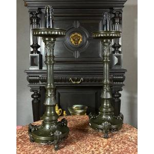 Pair Of Patinated Bronze Candlesticks, Neoclassical Style, France Circa 1870