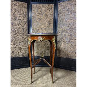 Louis XV Style Pedestal Table In Veneer And Bronze, Parisian Work Circa 1890