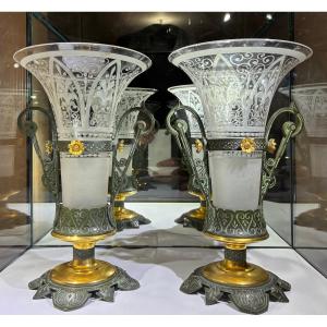 Pair Of Crystal And Bronze Horns, Neo-greek Style Circa 1880