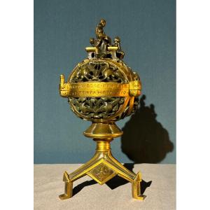Bronze "reinerus" Cassolette - Neo-romanesque Nightlight - 19th Century