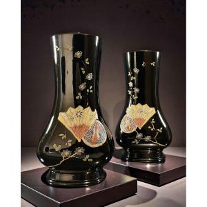 “japonisme”, Pair Of Enameled Black Crystal Vases, Baccarat For Eugène Rousseau, Circa 1880.