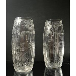 Pair Of Japanese Engraved And Cut Crystal Vases, Baccarat? Bohème? Circa 1890