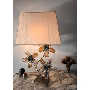 Bronze Brass Lamp Deco 70 .vintage.chic.duval Brasseur Style.agate Flowers.