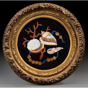Round Painting In Hard Stone Marquetry – Shells And Corals