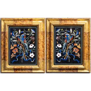 The Parrots – Pair Of Hardstone Marquetry Paintings