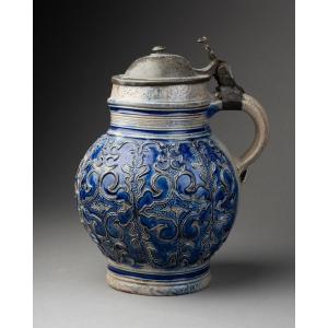 17th Century Blue Glazed Stoneware Pitcher