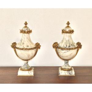 Pair Of Cassolettes In Marble And Gilt Bronze 19th Century