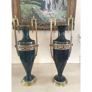 Pair Of Large Green Earthenware And Gilt Bronze Vases, 19th Century 