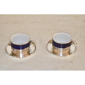 Pair Of Large Solid Silver And Porcelain Chocolate Cups, Early 20th Century 