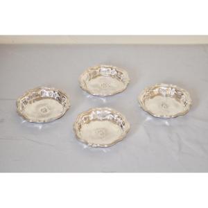 Set Of 4 Solid Silver Decanter Coasters, 19th Century