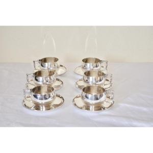 Set Of 6 Solid Silver Cups And Saucers, Late 19th Century 