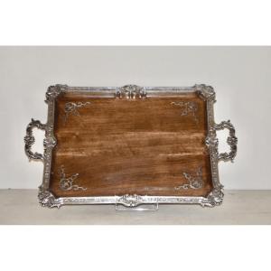 Large Art Nouveau Serving Tray In Solid Silver And Walnut By émile Puiforcat 