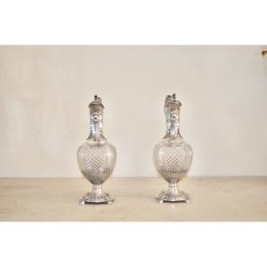 Pair Of Large Ewers In Solid Silver And Crystal