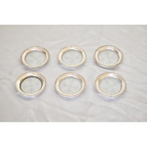 Suite Of 6 Solid Silver And Glass Coasters Signed Cartier