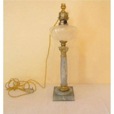 Golden Bronze Lamp, Crystal Blue And Marble, 19th Century